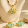 Cyan Shell Pendant Necklace with Earring Set