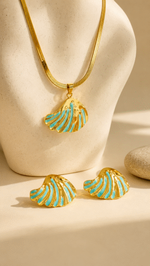 Cyan Shell Pendant Necklace with Earring Set