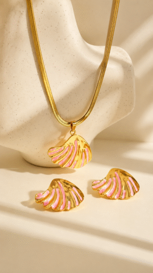 Pink Shell Pendant Necklace with Earring Set