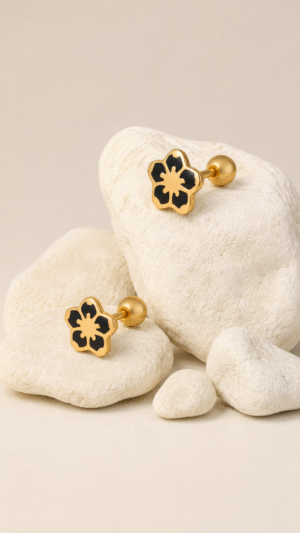BLACK FLOWER STUD DESIGN BACK BALL EARRINGS
