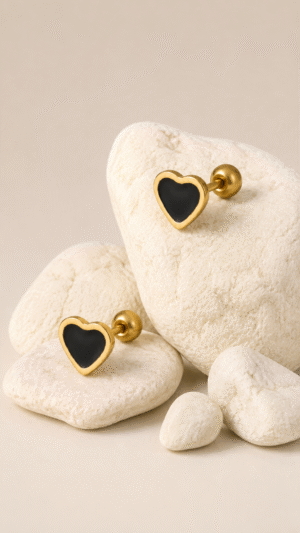 BLACK HEART STUD DESIGN BACK BALL EARRINGS