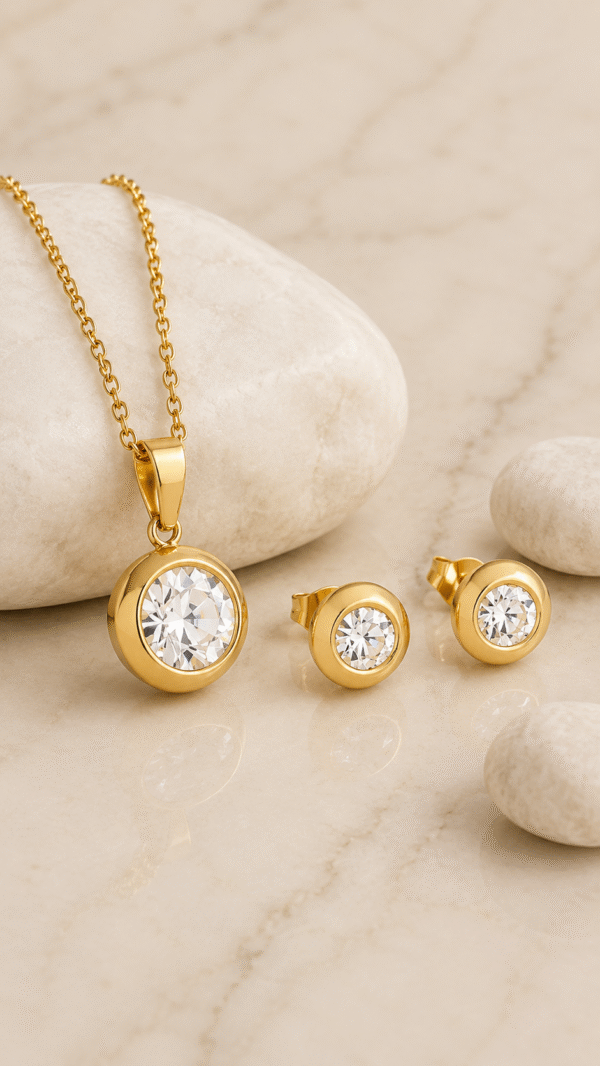 Vacuum Plating Classic Style White Stone Ear Studs with Necklace