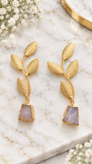 LONG BRASS EARRINGS WITH NATURAL STONE