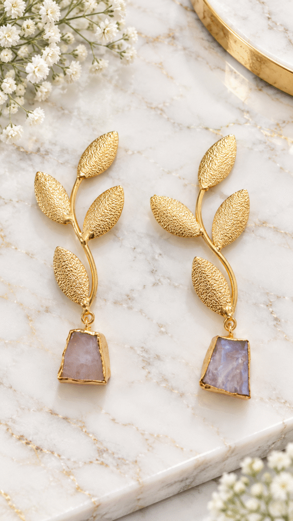 BRASS12 LONG BRASS EARRINGS WITH NATURAL STONE